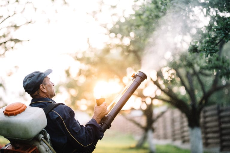 Farmer, hard working handyman using backpack machine for spraying organic pesticides