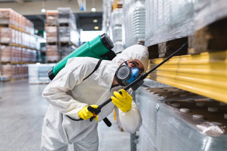 Pest Control Worker Hand Holding Sprayer For Spraying Pesticides in production or manufacturing factory